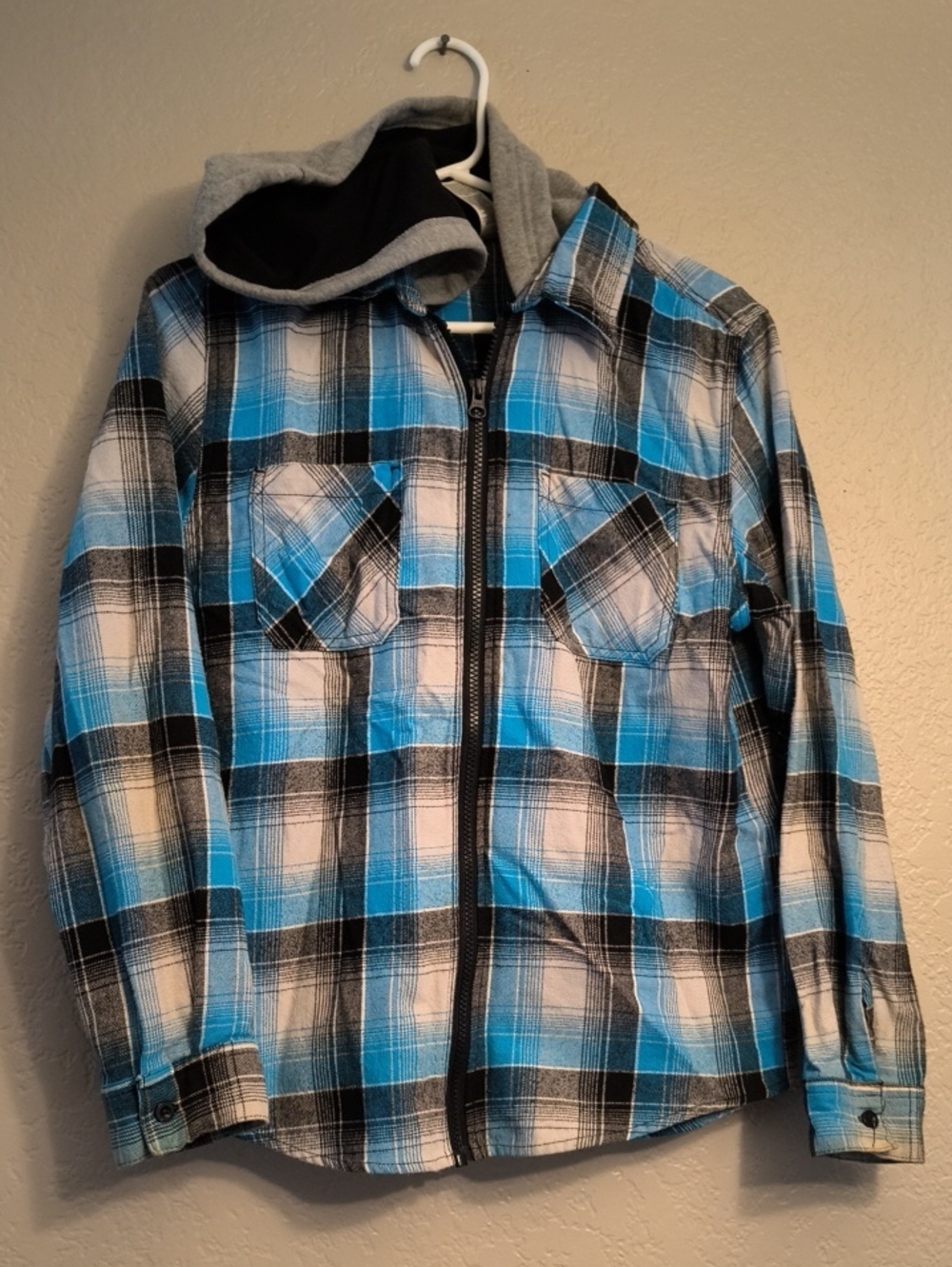 wonder nation Blue Black White Plaid Hooded Zip Shirt Boys XL